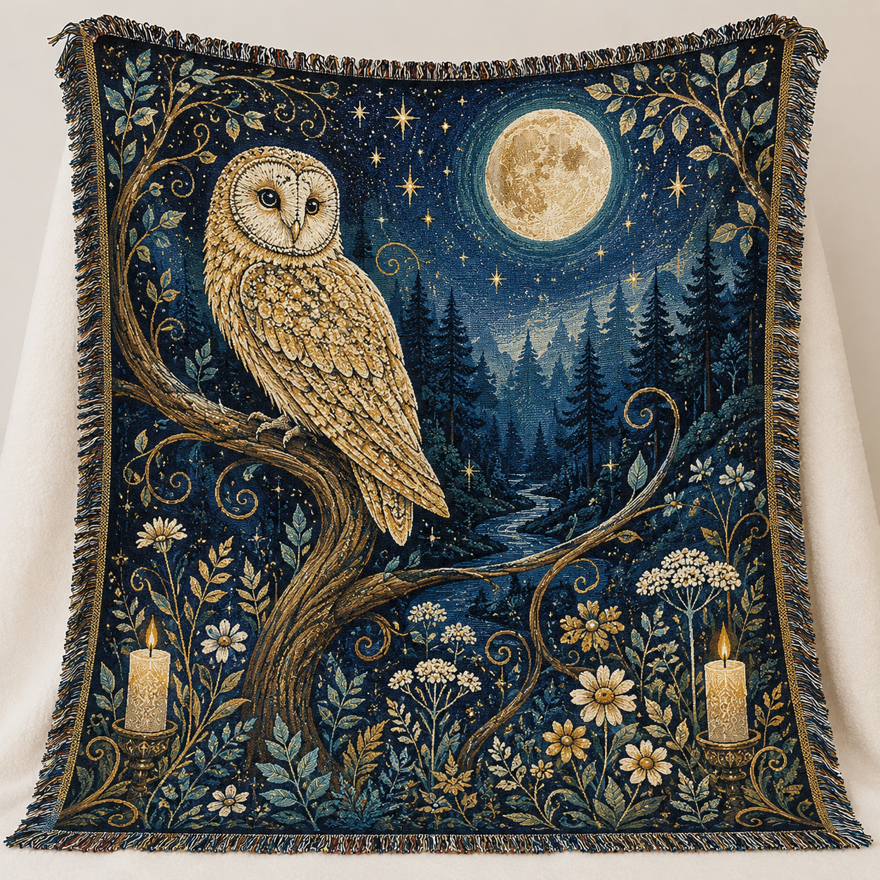 Moonlit golden owl woven blanket with full moon, forest, wildflowers and fringe