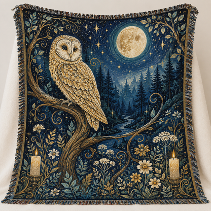 Moonlit golden owl woven blanket with full moon, forest, wildflowers and fringe