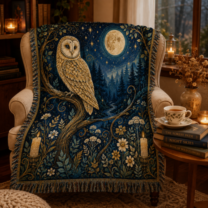 Moonlit golden owl woven blanket draped over a reading chair beside books and tea