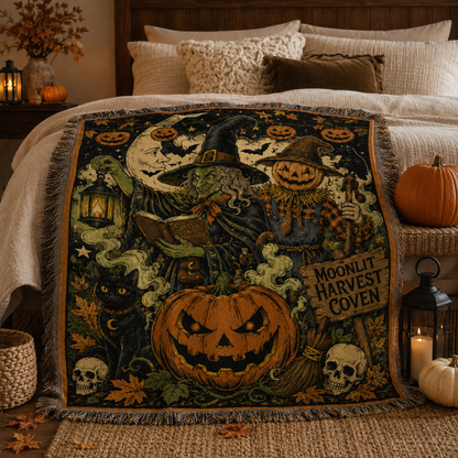 Moonlit Harvest Coven Halloween woven blanket styled softly across a cozy bed with pumpkins, lanterns and autumn decor