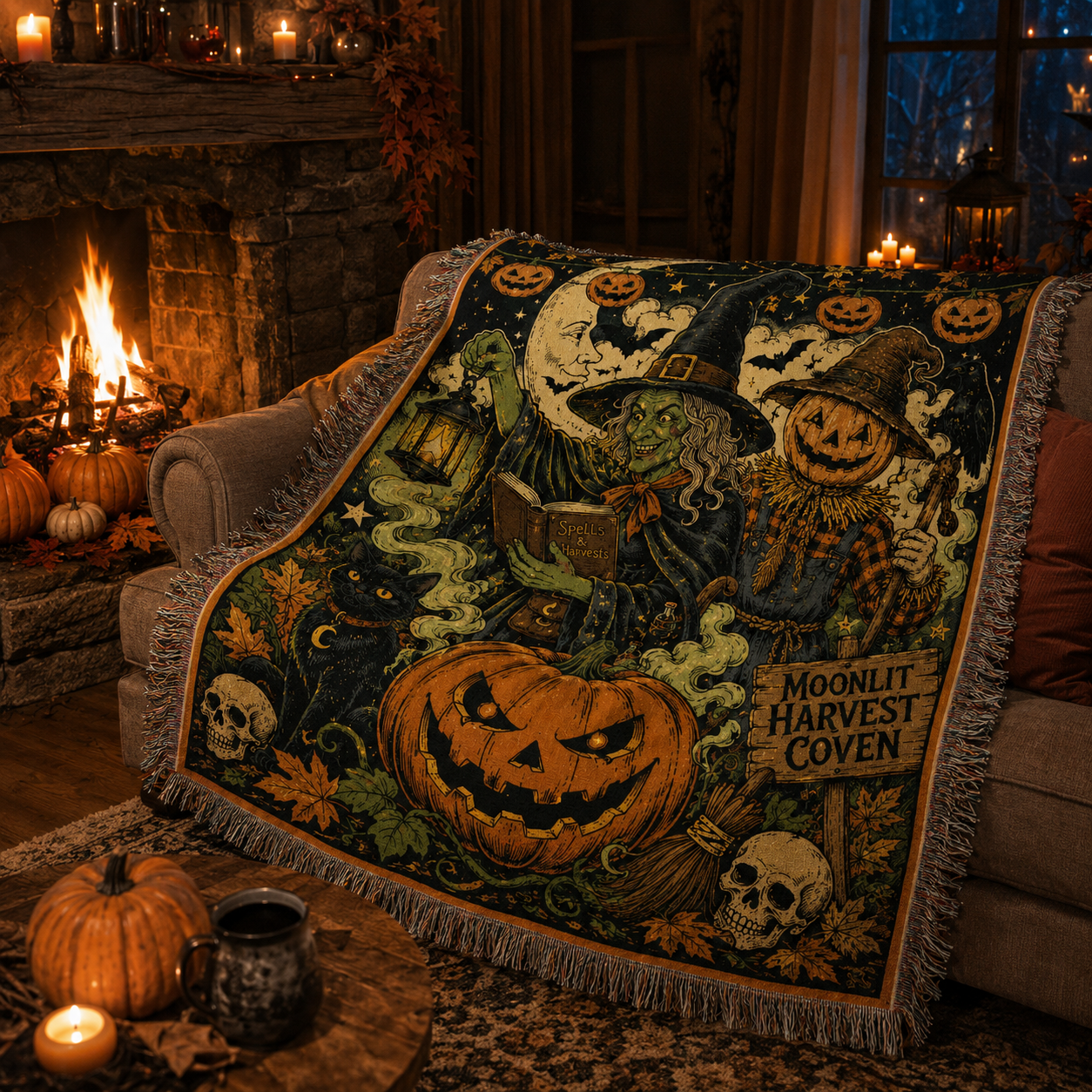 Moonlit Harvest Coven Halloween woven blanket styled softly beside a glowing fireplace with pumpkins, candles and autumn leaves