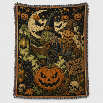 Moonlit Harvest Coven woven blanket with vintage witch, pumpkin scarecrow, black cat, jack-o-lantern, crescent moon and fringe
