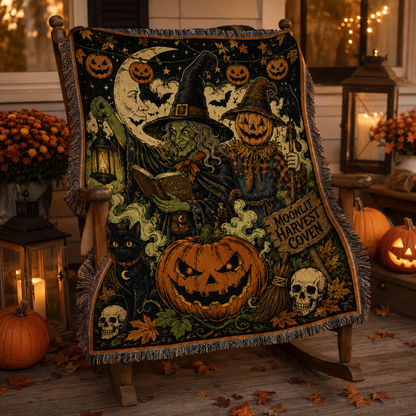 Moonlit Harvest Coven Halloween woven blanket draped over a rocking chair on an autumn porch with pumpkins and lanterns