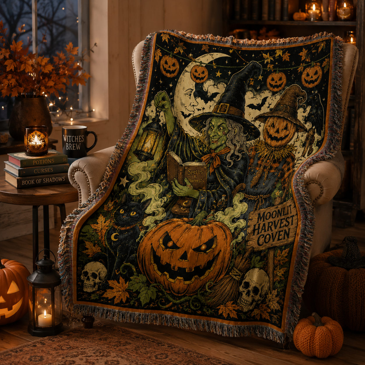 Moonlit Harvest Coven woven blanket draped over an armchair in a cozy Halloween reading nook with books and lanterns