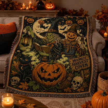 Moonlit Harvest Coven Halloween woven blanket draped softly over a sofa with pumpkins, candles and autumn decor