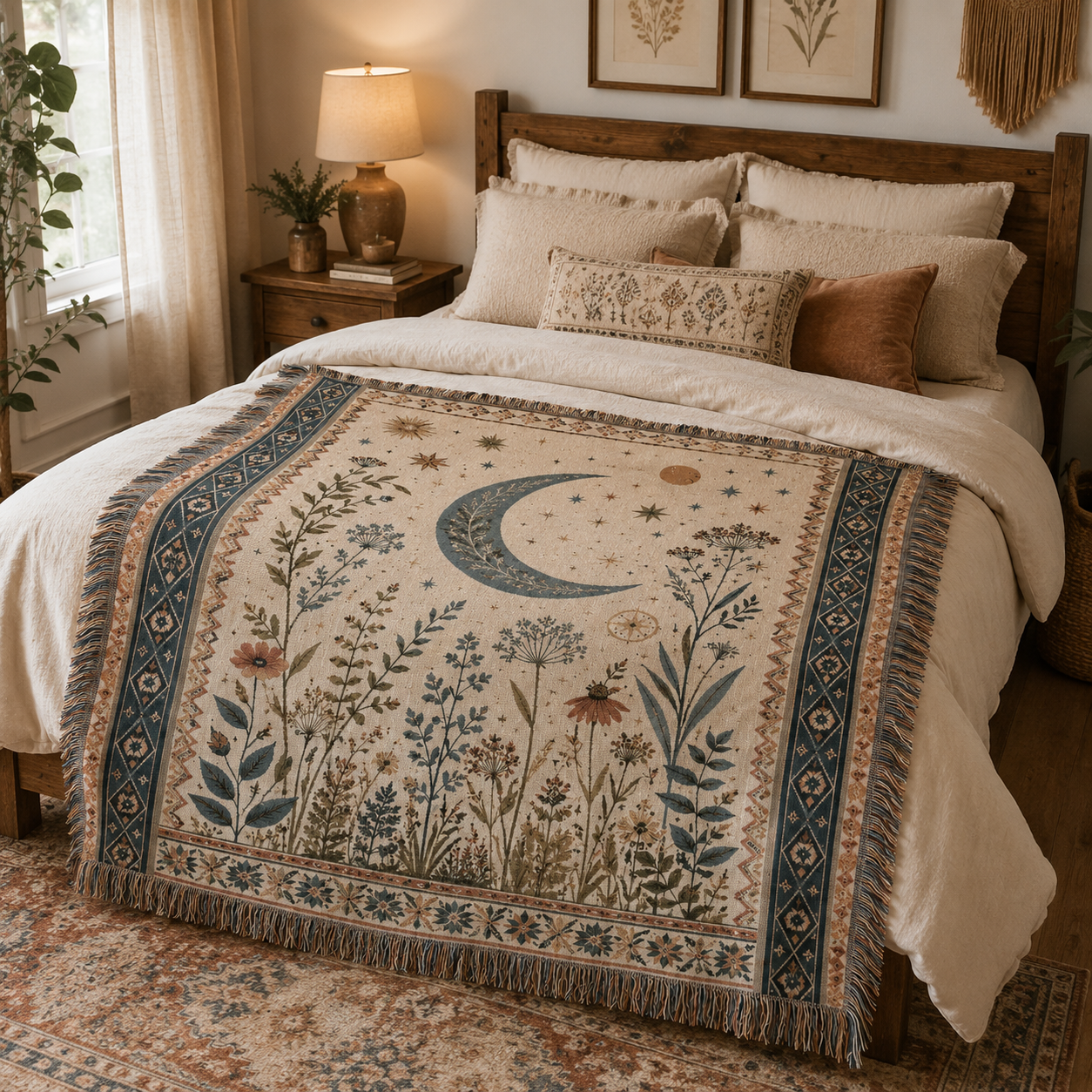 Celestial botanical woven blanket displayed across a rustic bed