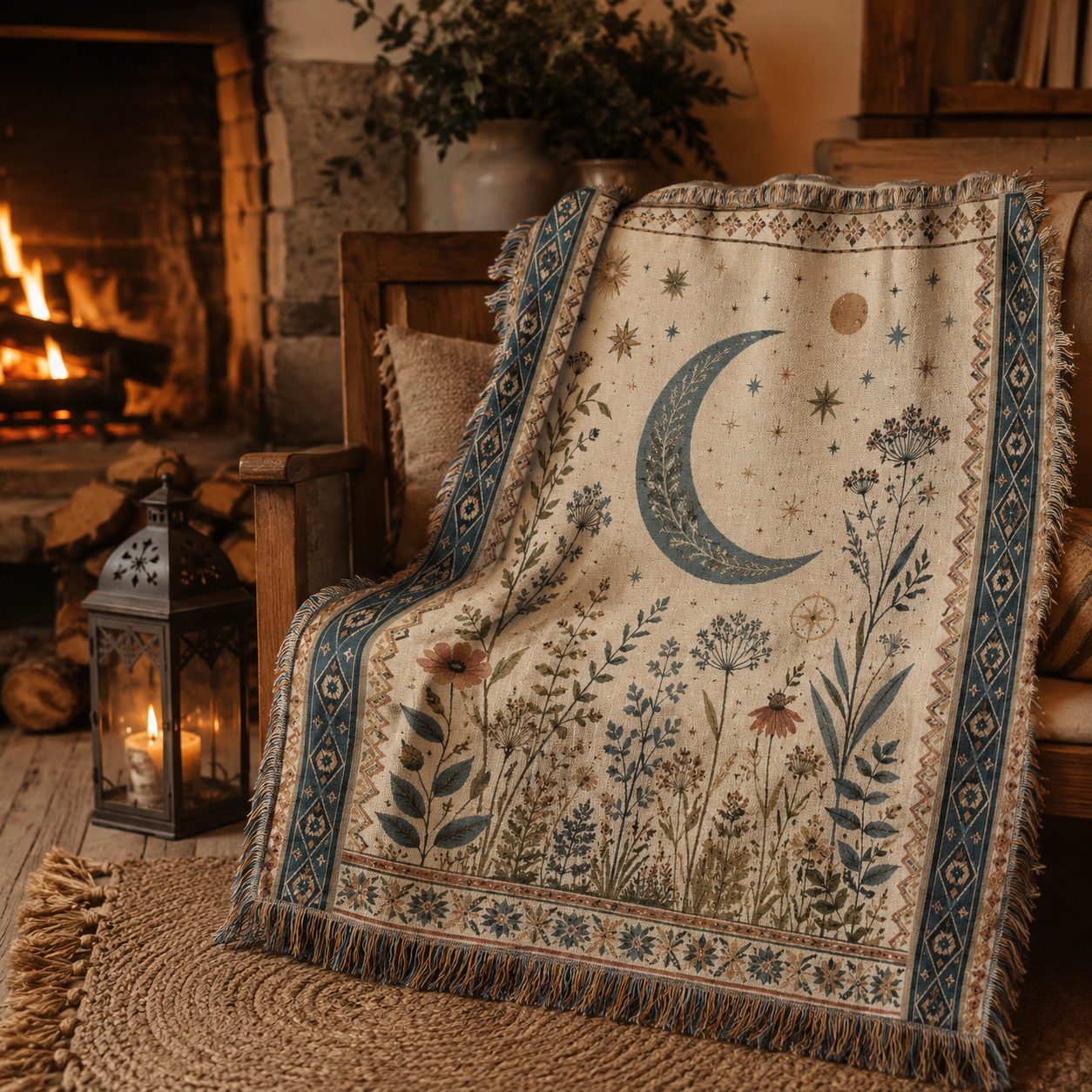 Moonlit botanical woven blanket styled beside a warm fireplace
