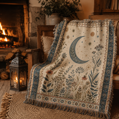 Moonlit botanical woven blanket styled beside a warm fireplace