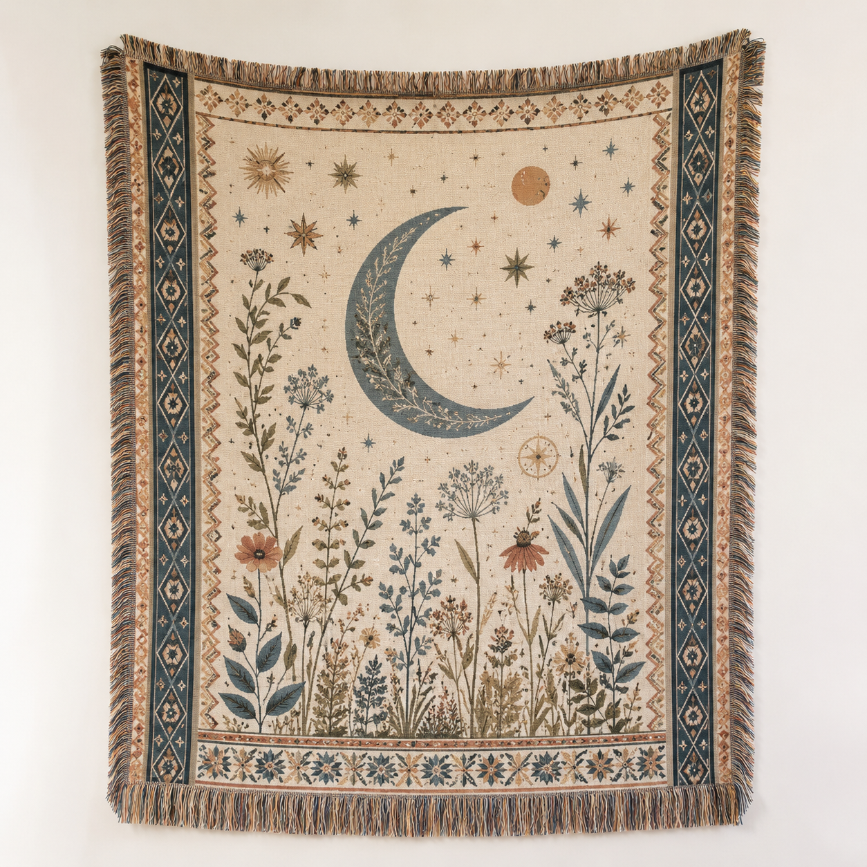 Moonlit herbarium woven blanket with crescent moon, wildflowers and fringe