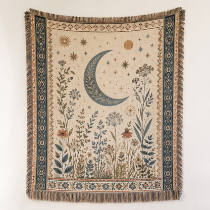 Moonlit herbarium woven blanket with crescent moon, wildflowers and fringe