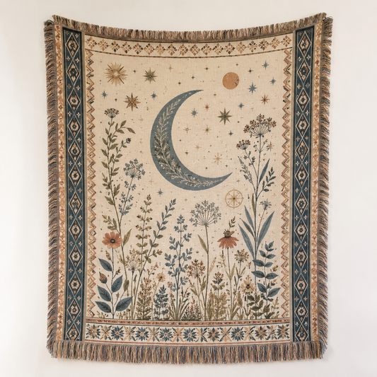 Moonlit herbarium woven blanket with crescent moon, wildflowers and fringe