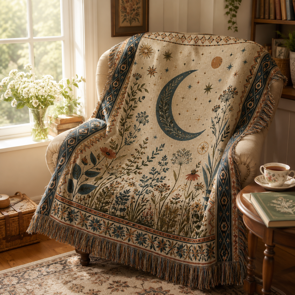 Moon and wildflower woven blanket draped over a reading chair