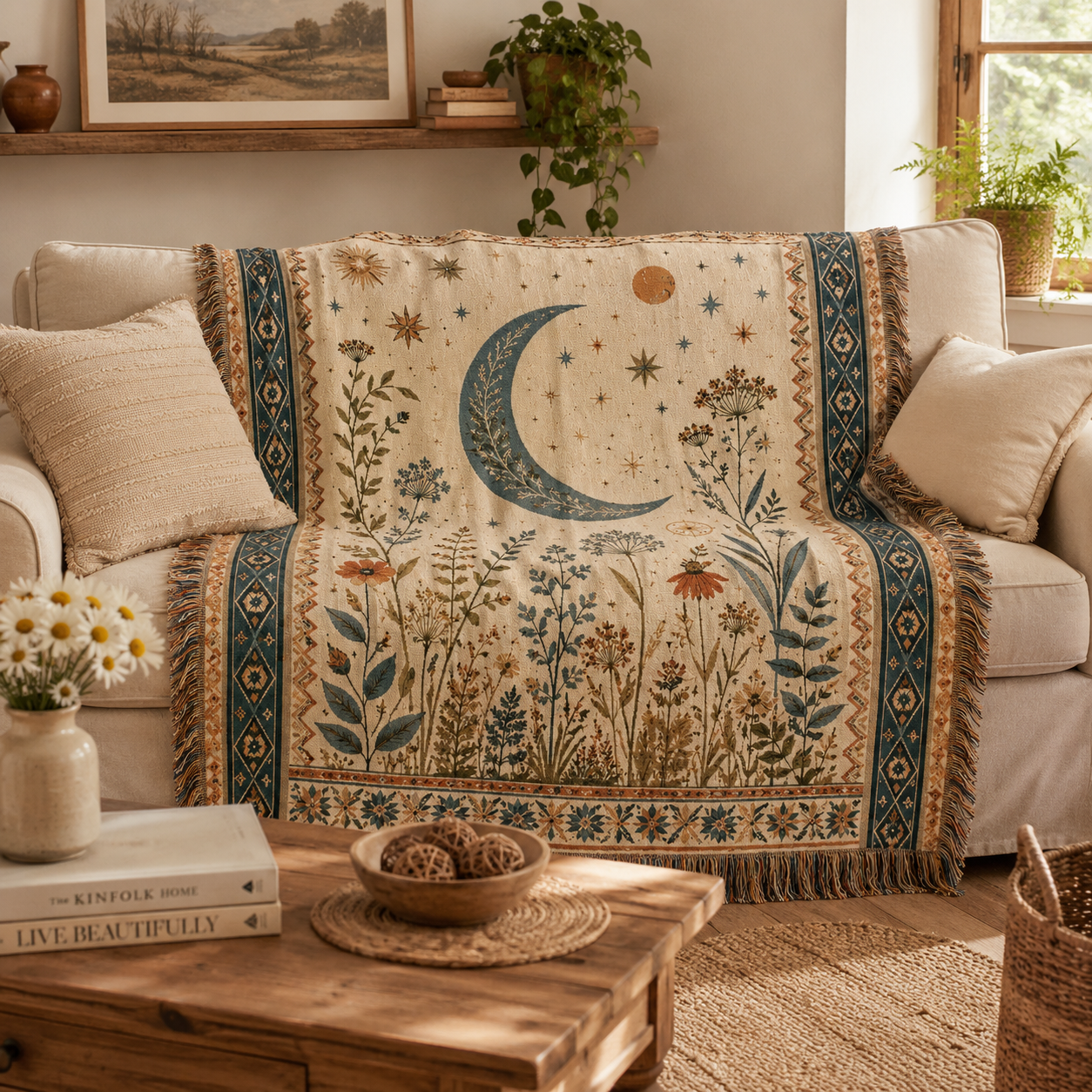 Moonlit botanical woven blanket styled on a cream sofa