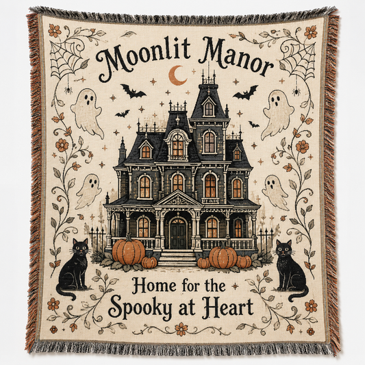 Moonlit Manor haunted house Halloween woven blanket with ghosts black cats pumpkins crescent moon and fringe