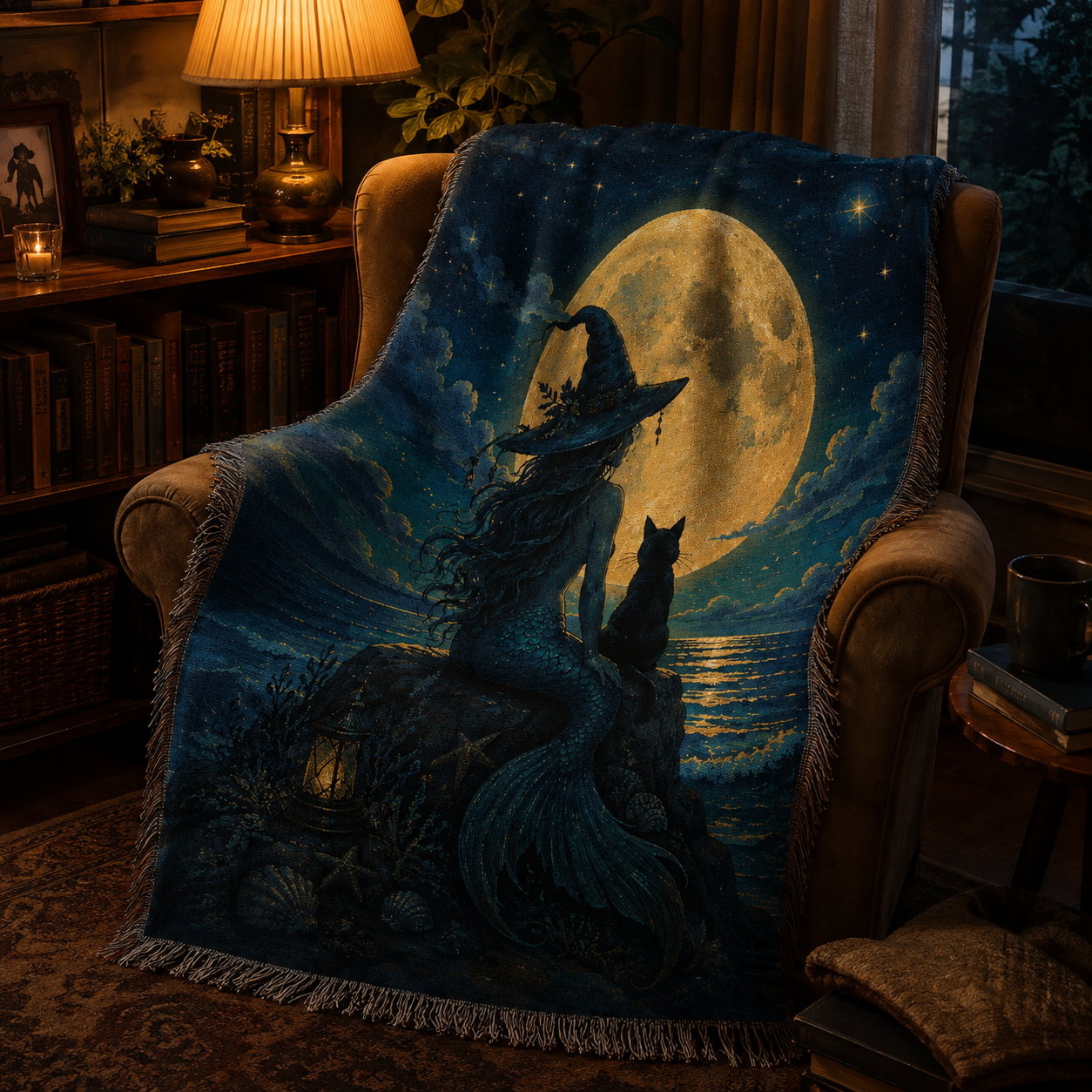 Mystical mermaid and black cat woven blanket draped over a reading chair