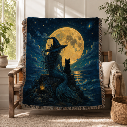 Moonlit mermaid and black cat woven tapestry styled on a sunroom bench