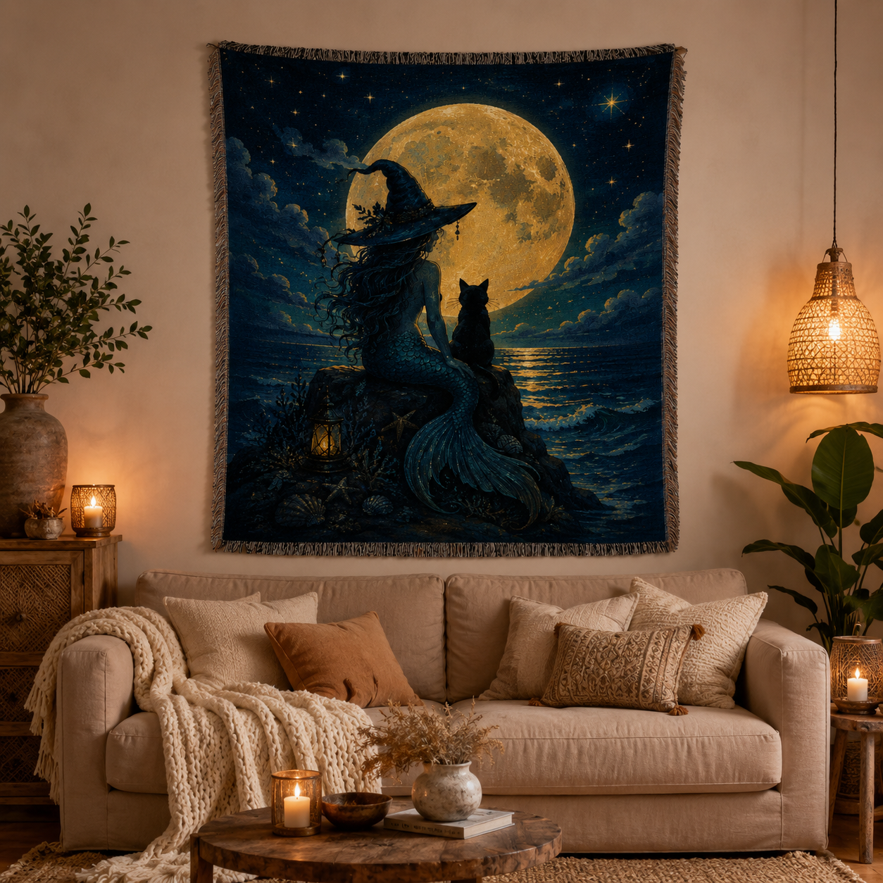 Moonlit mermaid and black cat woven tapestry displayed above a cozy living room sofa