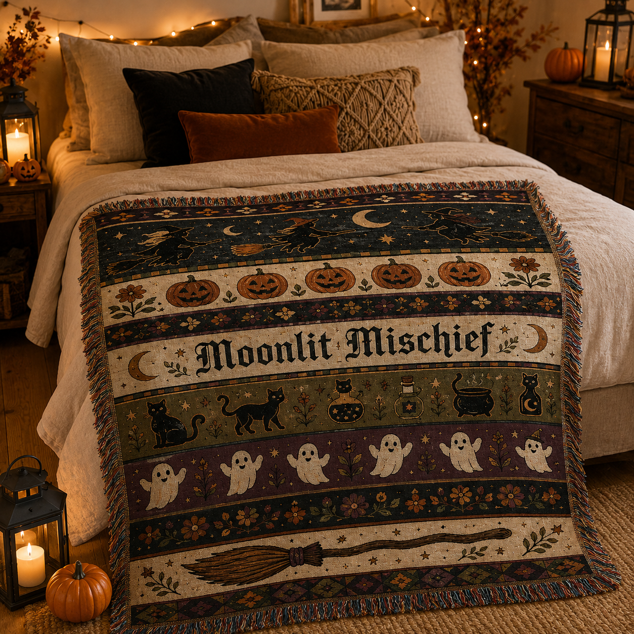 Moonlit Mischief Halloween woven blanket styled softly across a cozy bedroom with pumpkins, lanterns and warm autumn decor