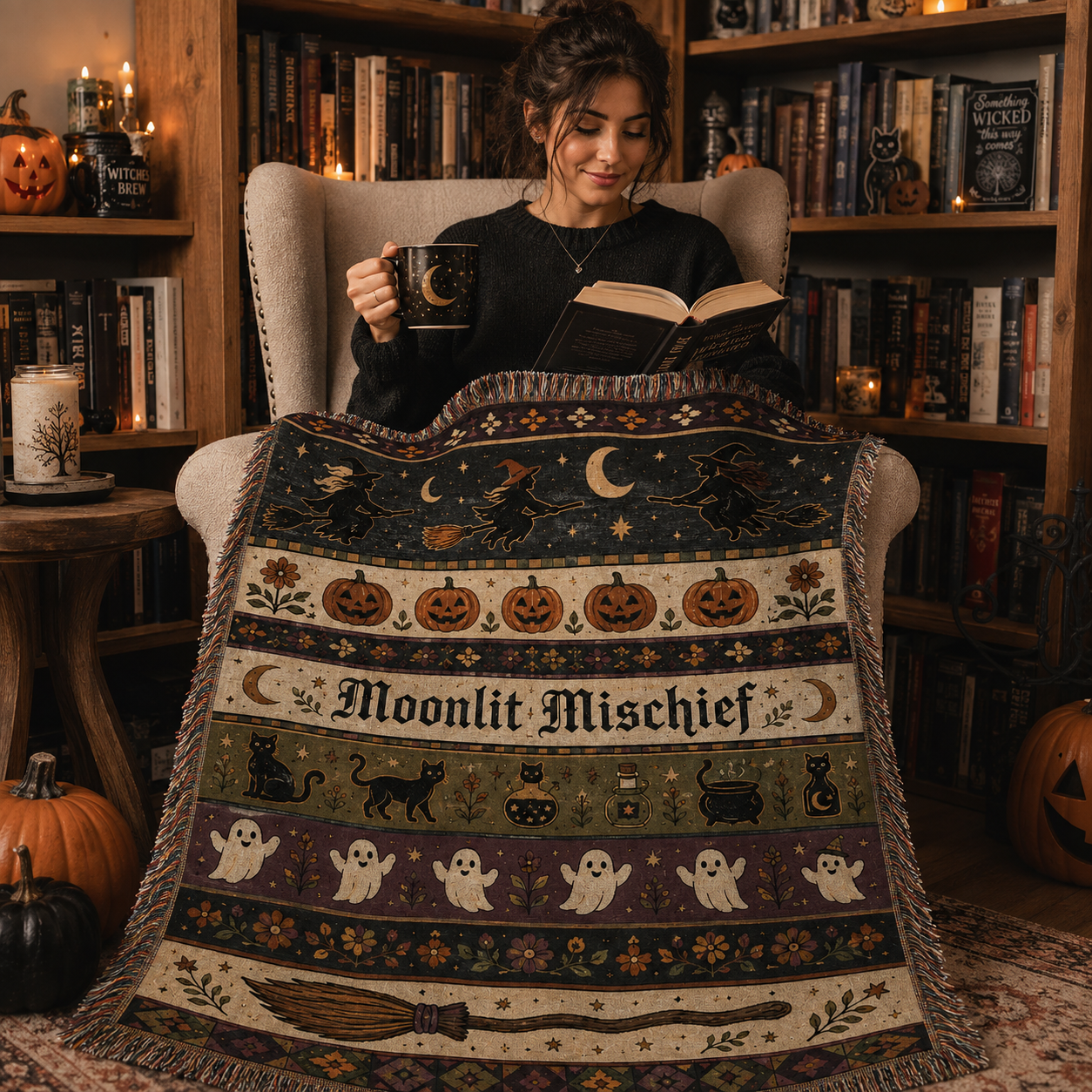 Moonlit Mischief Halloween woven blanket wrapped softly over a reader in a cozy spooky season reading nook