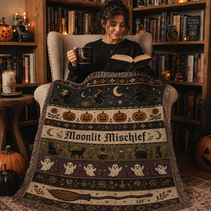 Moonlit Mischief Halloween woven blanket wrapped softly over a reader in a cozy spooky season reading nook