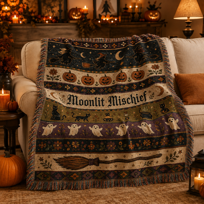 Moonlit Mischief Halloween woven blanket draped softly over a sofa with pumpkins, candles and autumn decor