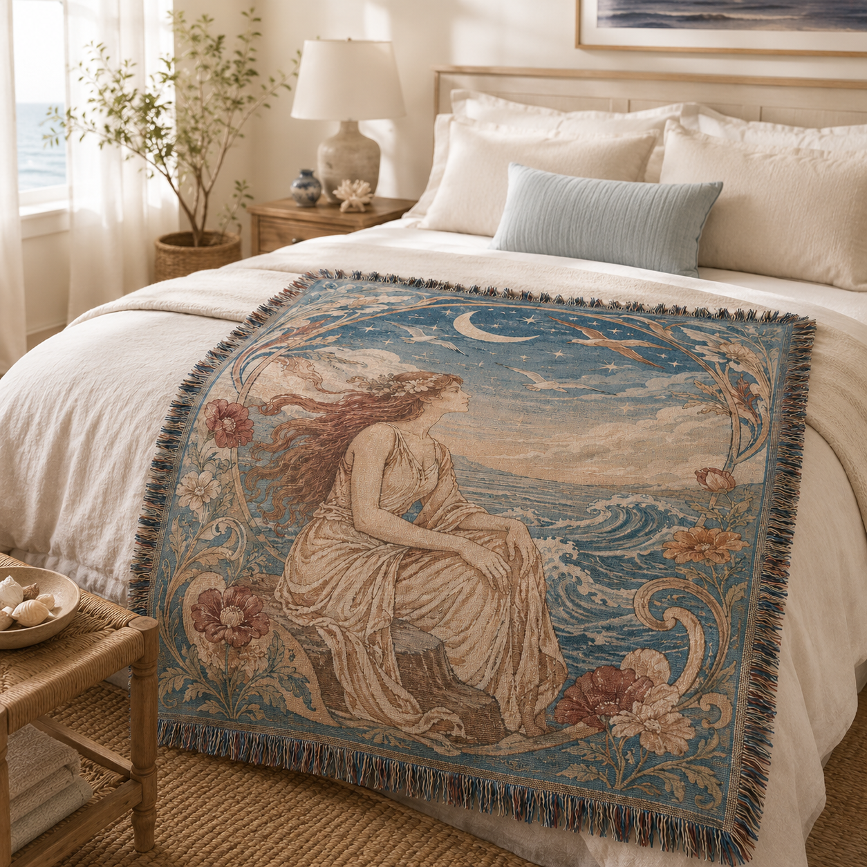 Moonlit Muse woven tapestry blanket at the foot of a bright coastal bedroom