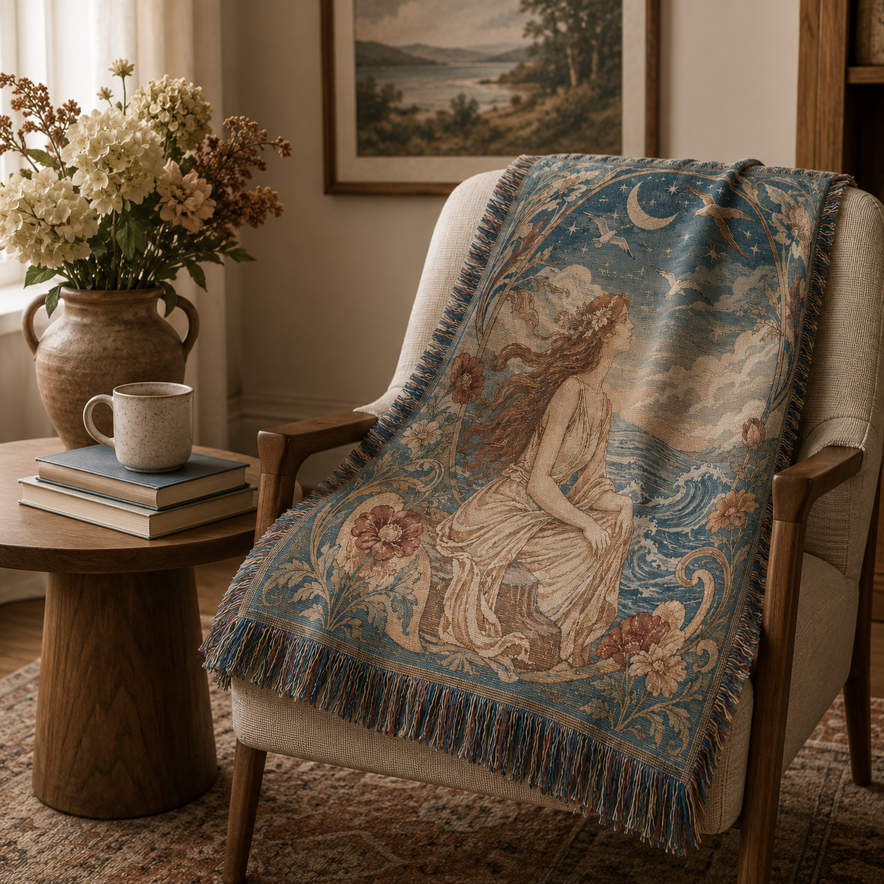 Moonlit Muse woven tapestry blanket draped over an accent chair
