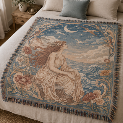Moonlit Muse woven tapestry blanket displayed on a neutral bed