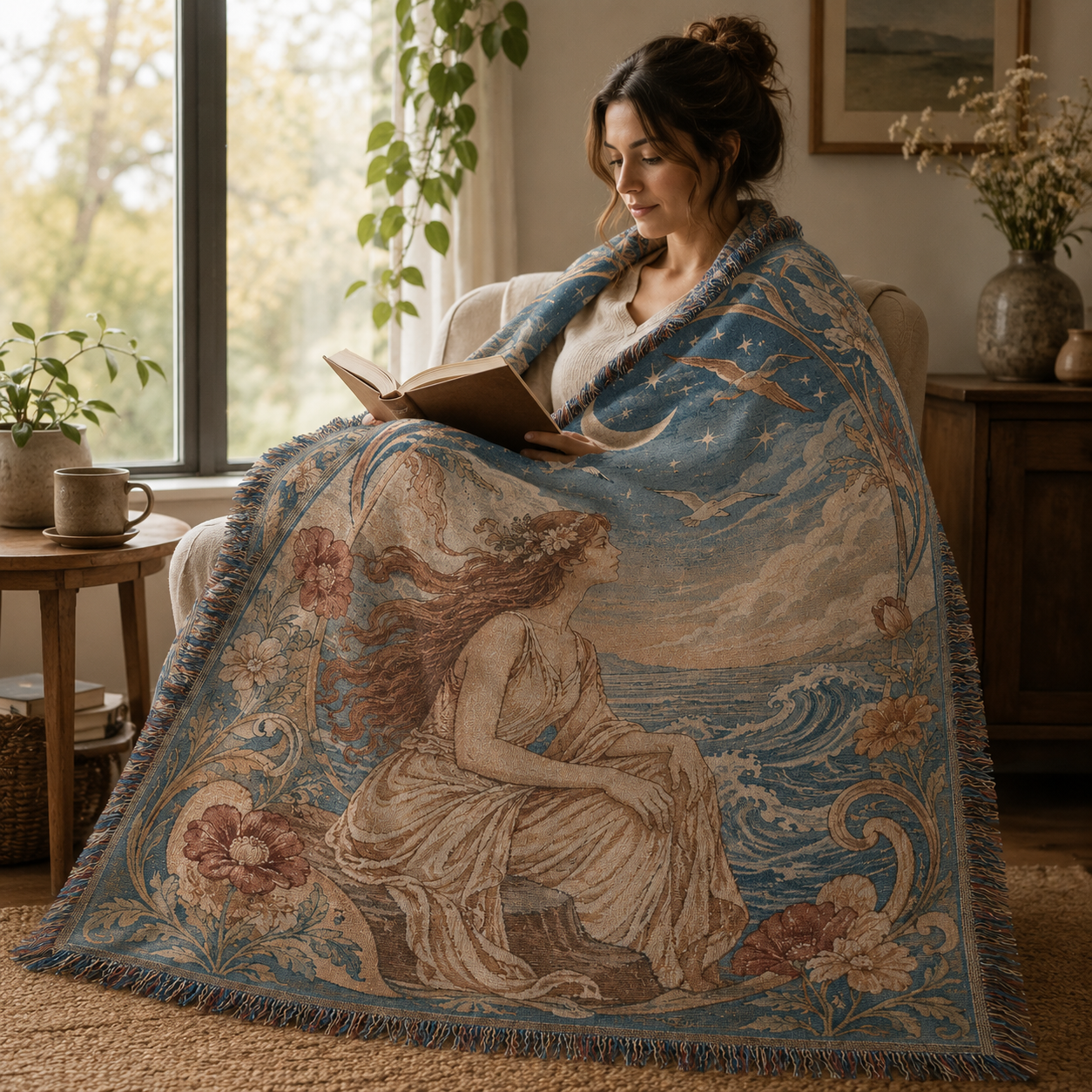 Woman reading by a window while wrapped in the Moonlit Muse woven blanket