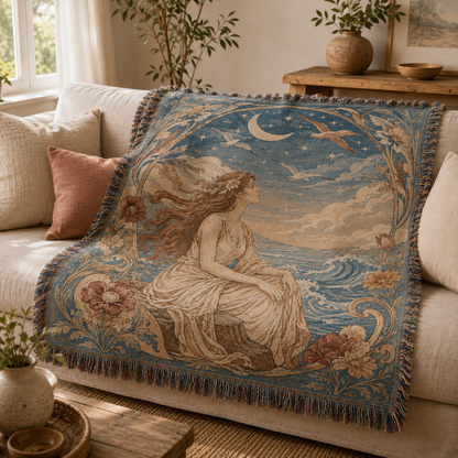 Moonlit Muse woven tapestry blanket styled on a cream sofa