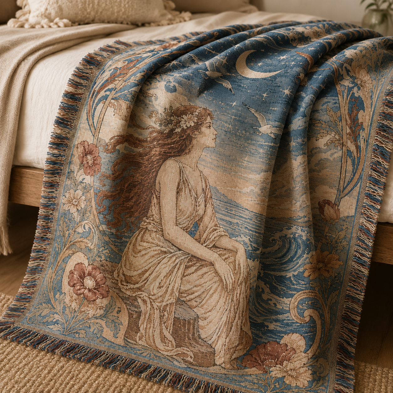 Close-up of Moonlit Muse woven blanket texture and multicolor fringe