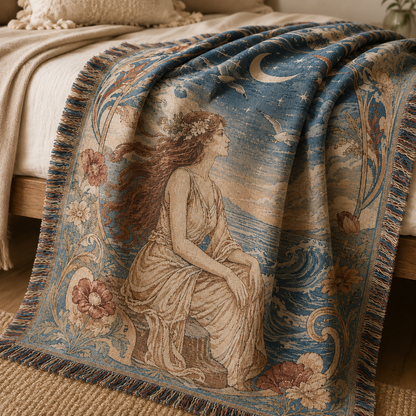 Close-up of Moonlit Muse woven blanket texture and multicolor fringe