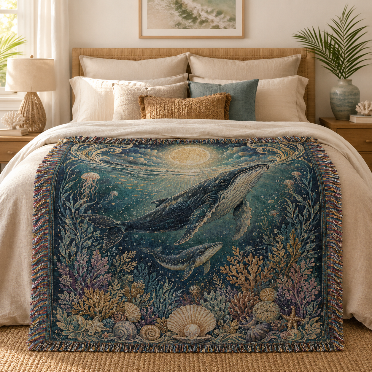 Moonlit humpback whale woven blanket displayed across a serene coastal bedroom