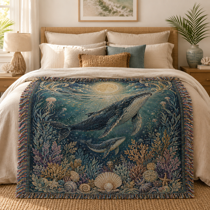 Moonlit humpback whale woven blanket displayed across a serene coastal bedroom