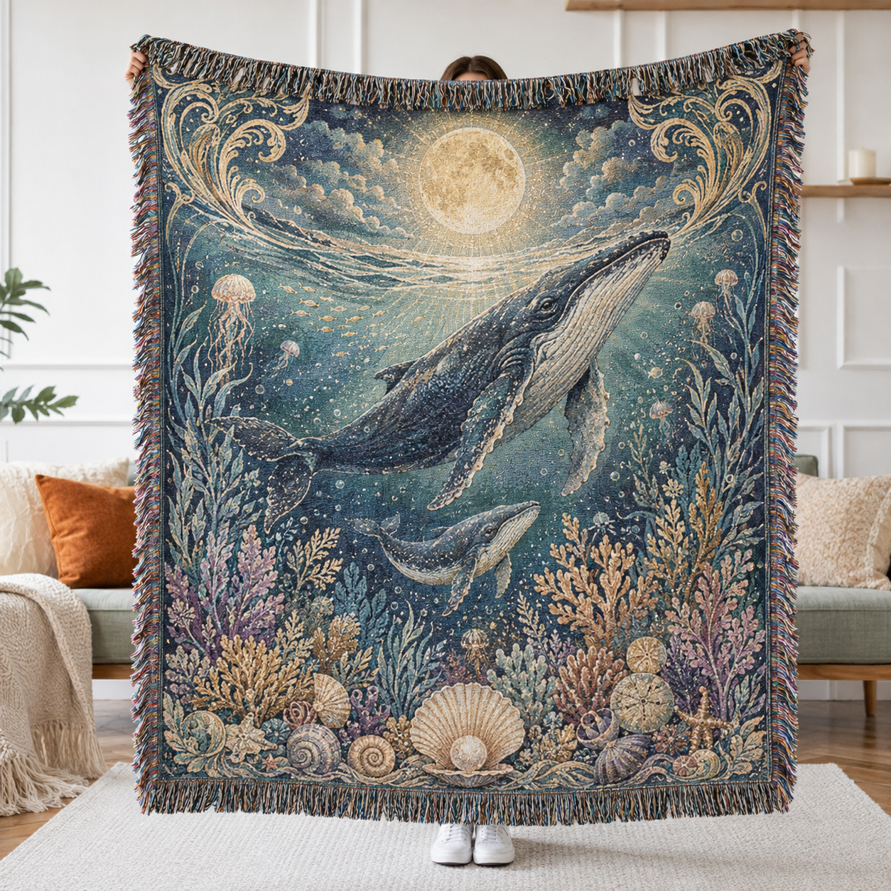 Moonlit ocean whale woven blanket with humpback whale, calf, coral, shells and decorative fringe