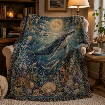 Ocean whale woven tapestry blanket styled on an armchair in a cozy reading nook