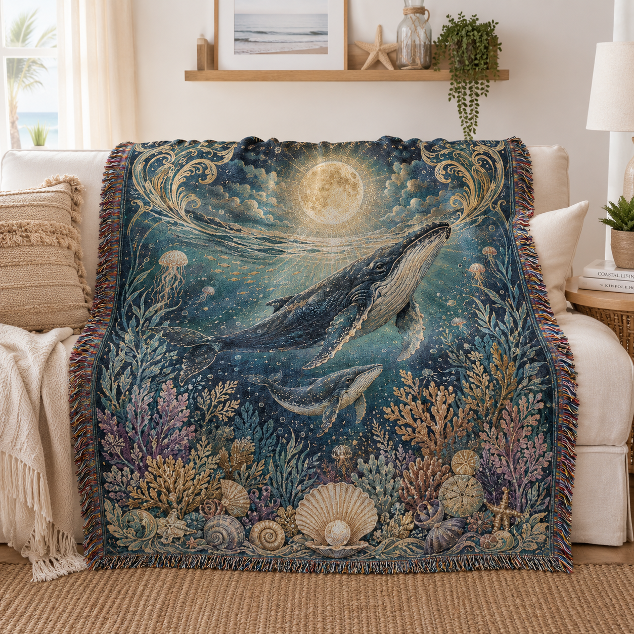 Celestial whale tapestry throw styled over a cream sofa in a coastal living room