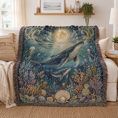 Celestial whale tapestry throw styled over a cream sofa in a coastal living room