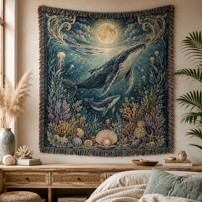 Celestial whale woven blanket displayed as ocean-inspired textile wall art