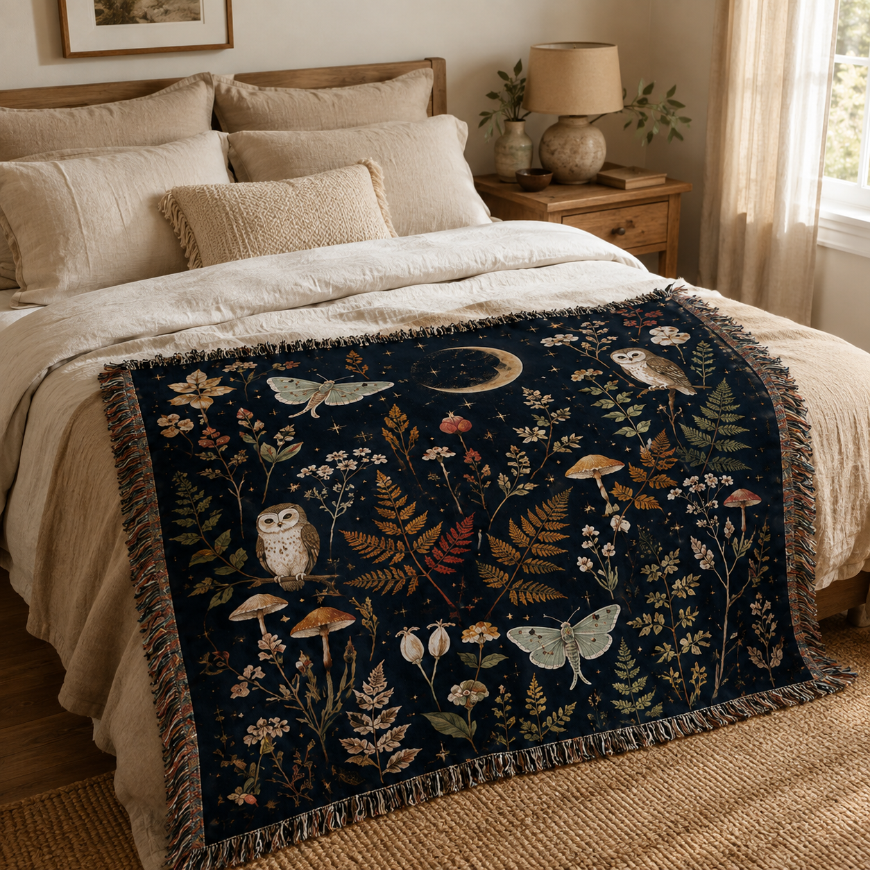 Moonlit owl botanical woven blanket displayed across a warm neutral bed