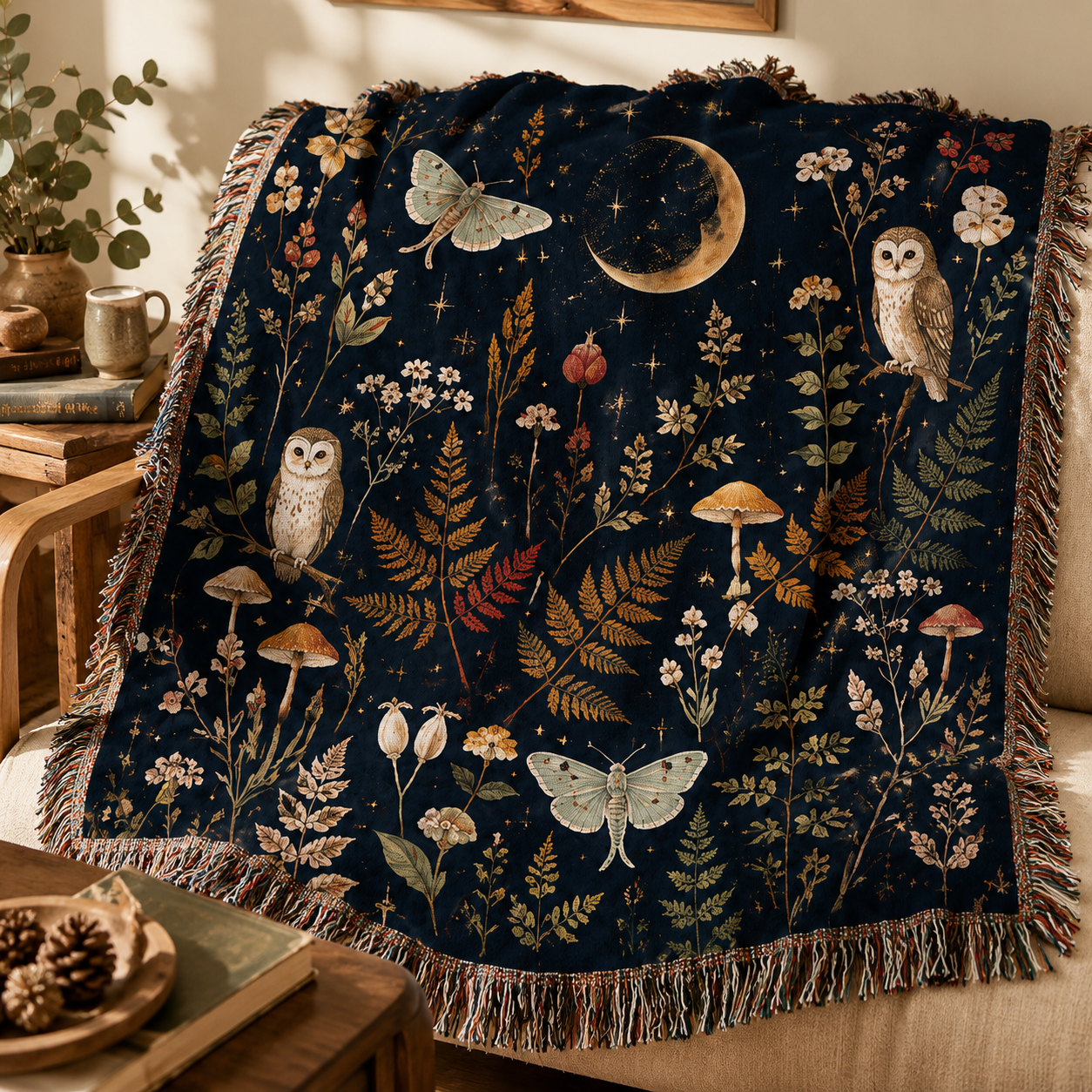 Detailed view of the moonlit owl botanical woven blanket with fringe and tapestry texture