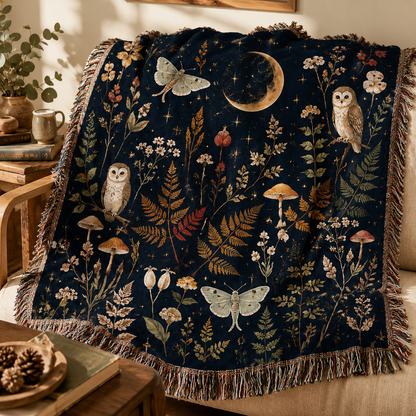 Detailed view of the moonlit owl botanical woven blanket with fringe and tapestry texture