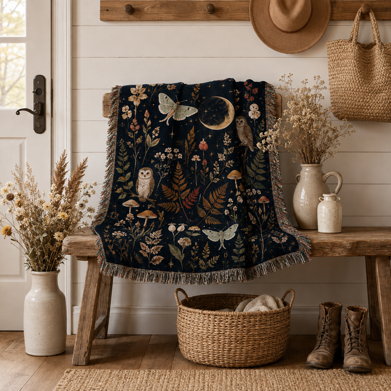 Moonlit owl botanical woven blanket styled on a rustic farmhouse entryway bench