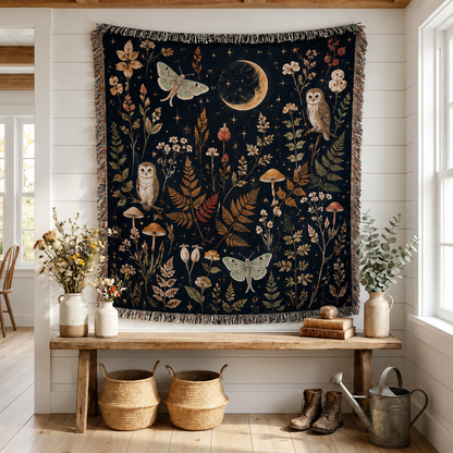 Moonlit owl botanical woven blanket with crescent moon, moths, mushrooms and wildflowers