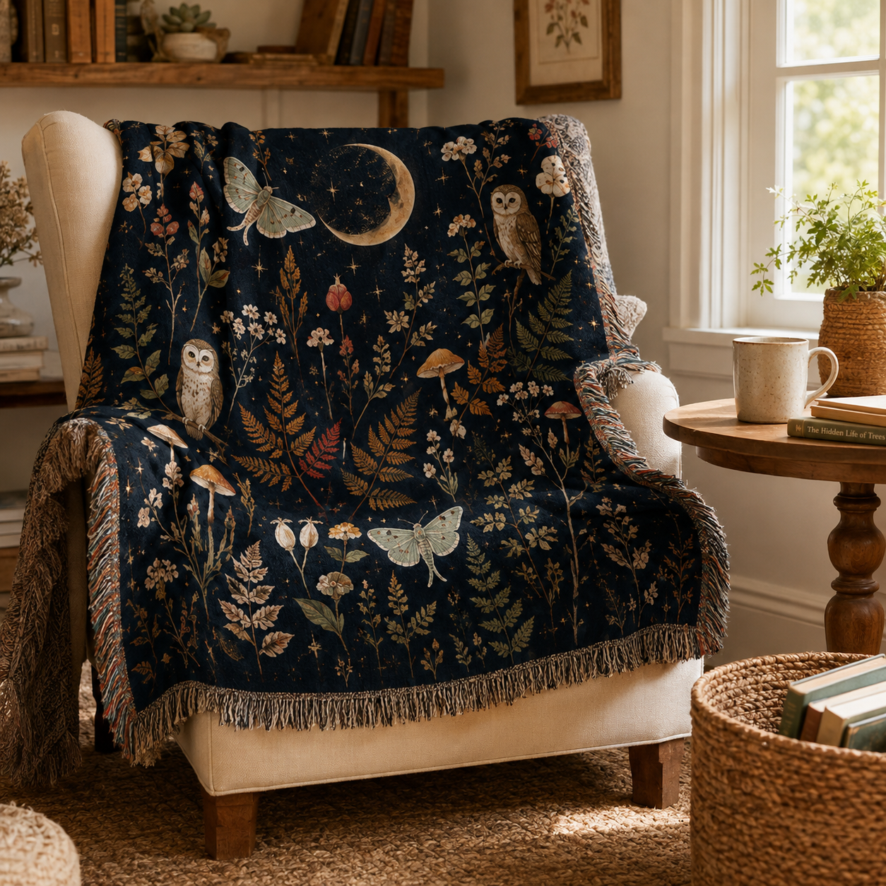 Moonlit owl botanical woven blanket styled over an armchair in a cozy reading nook