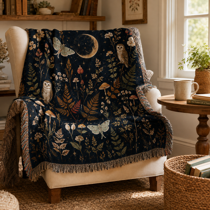 Moonlit owl botanical woven blanket styled over an armchair in a cozy reading nook