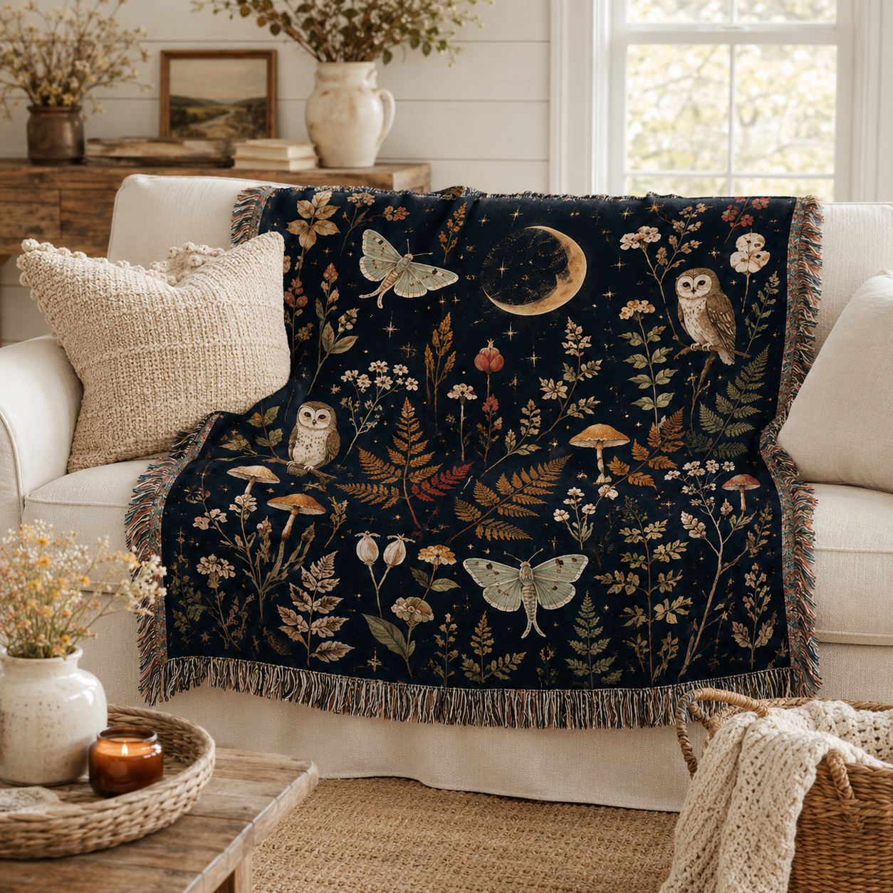 Moonlit owl botanical woven blanket styled on a cream farmhouse sofa