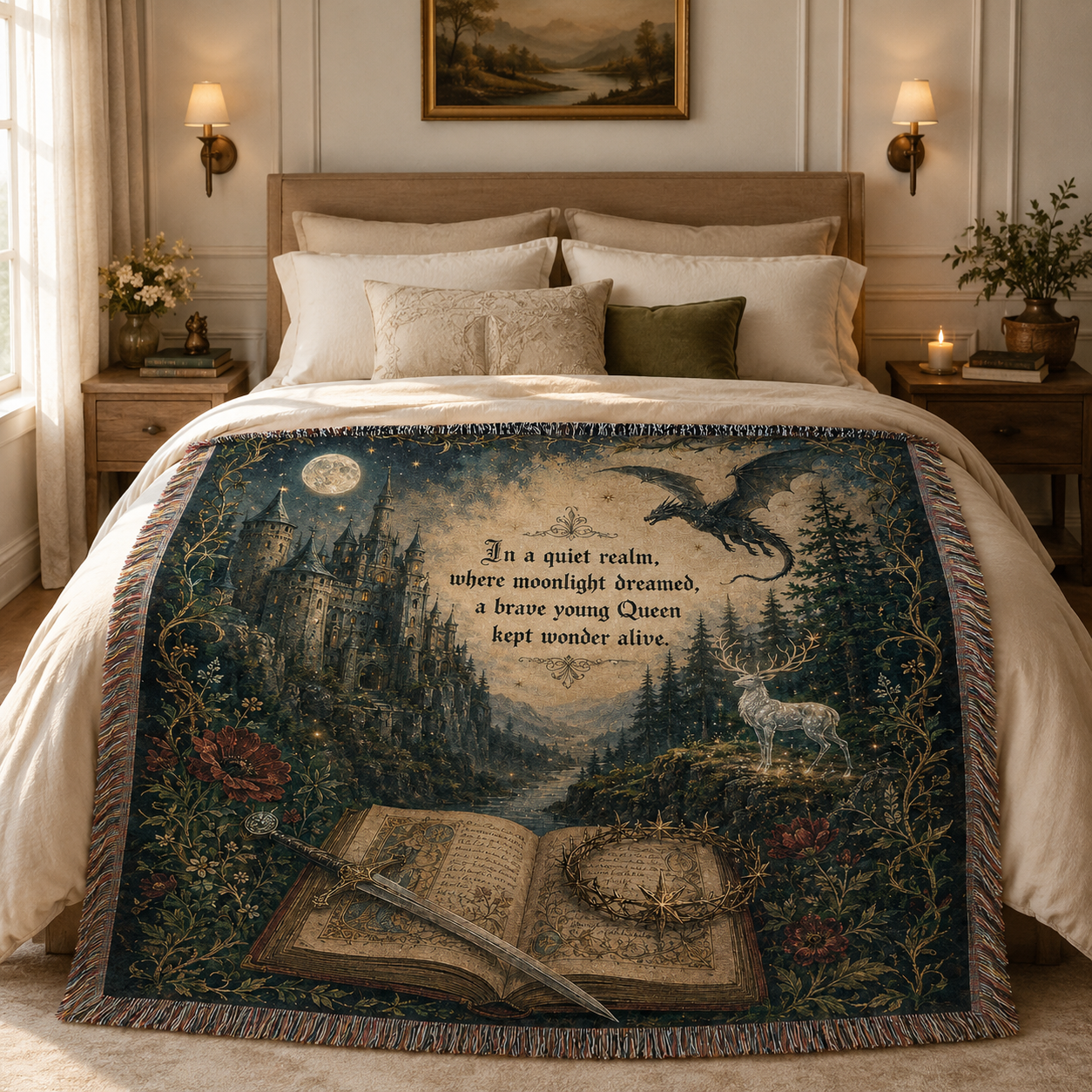 Moonlit queen fantasy woven blanket styled across a cozy elegant bedroom bed