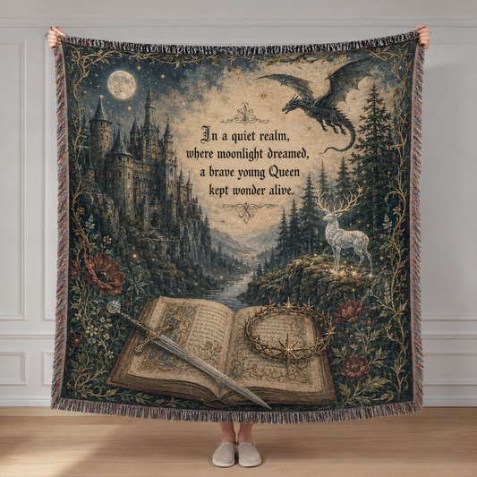 Moonlit queen fantasy woven blanket with castle dragon silver stag spellbook sword and medieval quote
