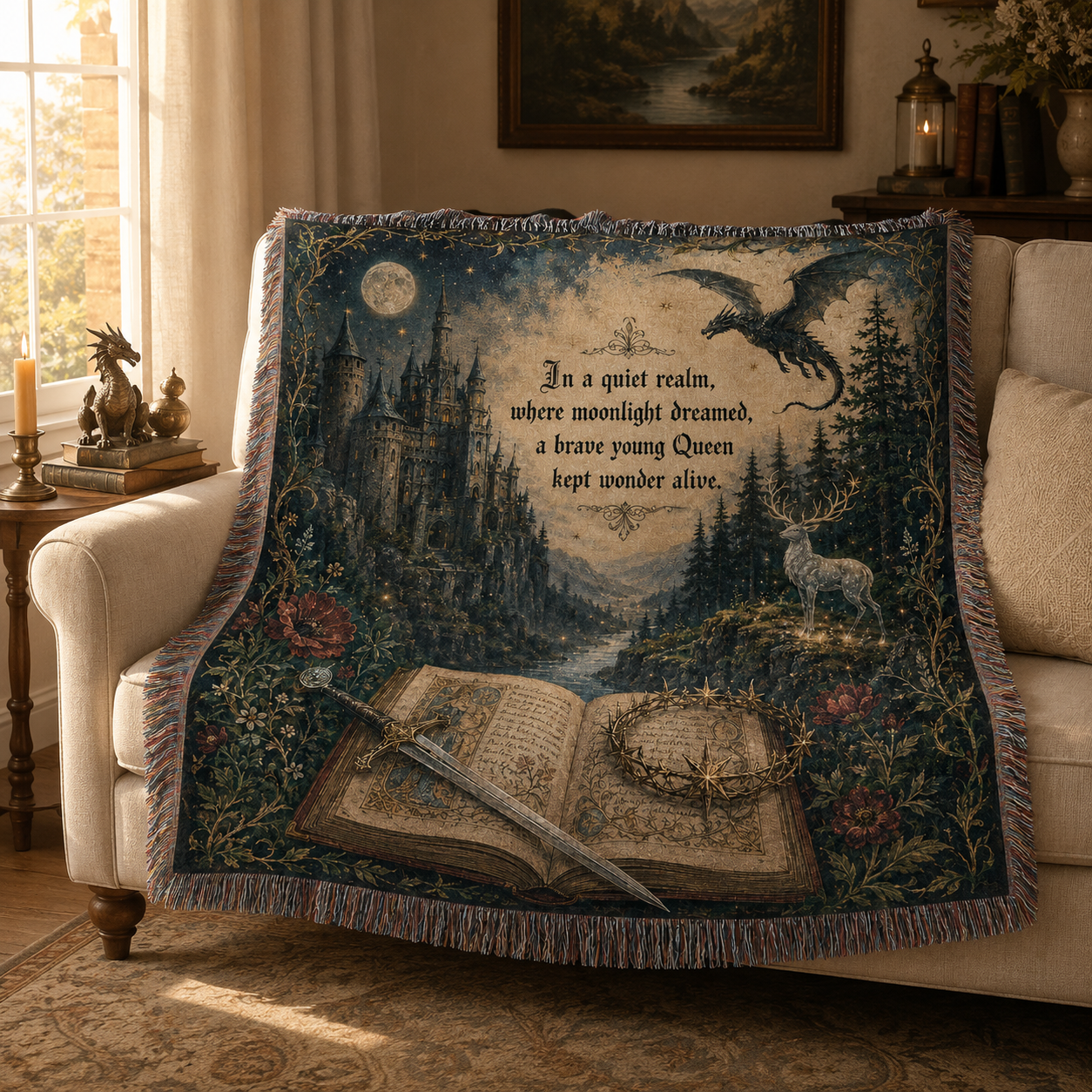 Moonlit queen fantasy woven blanket draped over a neutral sofa in a warm storybook living room